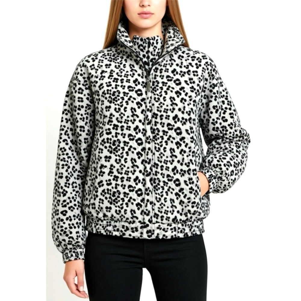 COACO‎ Vintage 100% Silk Leopard Print Bomber Jacket Grey Black Womens Medium